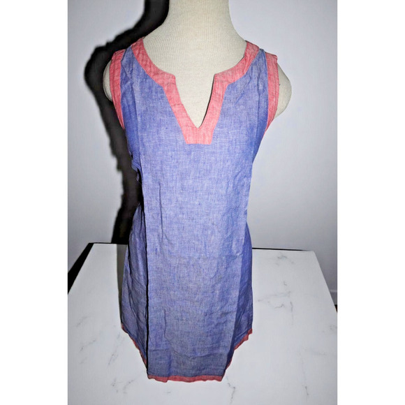 Sigrid Olsen 100% Linen Sleeveless Dress – Blue with Pink Trim – V-Neck – Size M - Picture 2 of 12